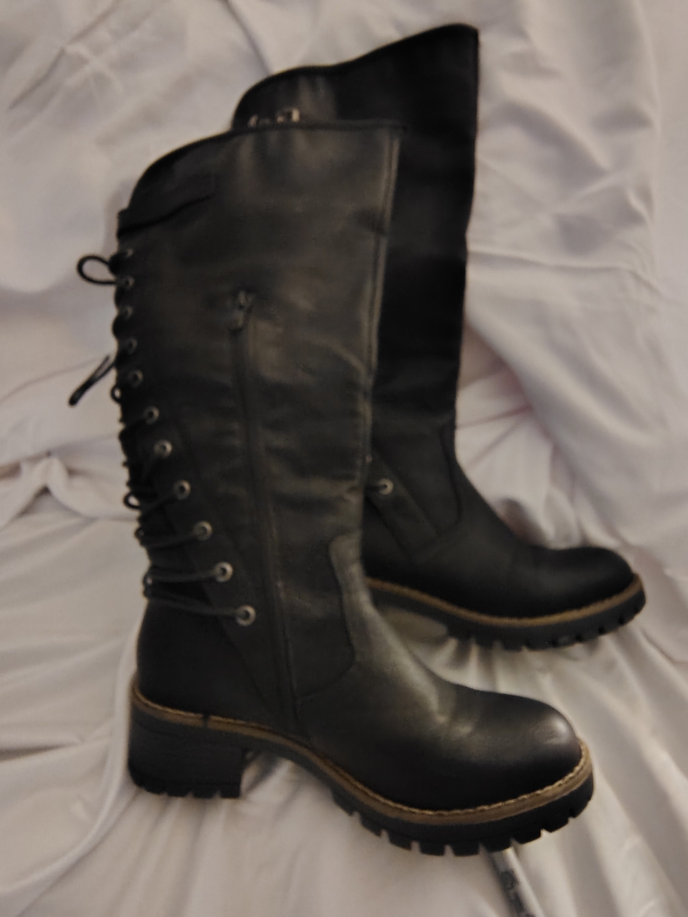 Global Win Black Lace-Up Knee Boots with Lug Sole